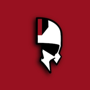 Puede incluir: Gráfico estilizado de una cabeza en negro, blanco y rojo sobre un fondo rojo. El diseño presenta una forma de cabeza blanca con detalles en negro y rojo, y un contorno negro. El diseño general es minimalista y moderno.