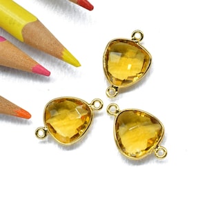 Natural Citrine 12mm Triangle shape single bail connector,Brass Gold Plated bezel,Citrine Pendant,Citrine gold plated bezel,Citrine charms