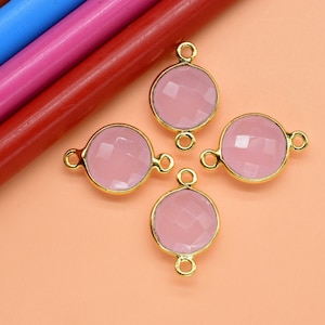 Pink Chalcedony 10mm Round double bail connectors,Pink Chalcedony Gold Plated Gemstone Bezel Connector,Pink chalcedony Double Loop connector