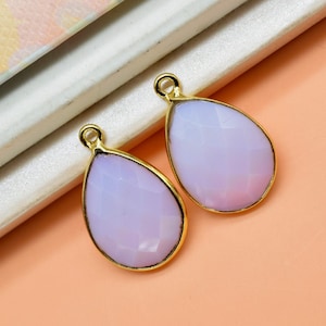 Pink Opal 12x16mm Bezel charm,Pink Opal Teardrop pendant,Pink opal Gold Plated bezel,Hot Selling Pink Opal Single Bail Connector, Pendant