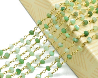 Corrente frisada de crisoprase de 3 mm, corrente de rosário enrolado em fio banhado a ouro com pedras preciosas em latão, correntes de rosário com cercadura, correntes para fabricação de joias artesanais