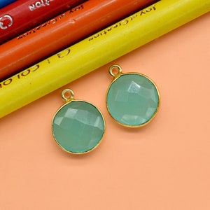 Aqua Chalcedony 12mm Round Charm,Aqua Chalcedony Gold Plated Gemstone Bezel Connector, Single Loop Gemstone Bezel, Making Pendant For Girls