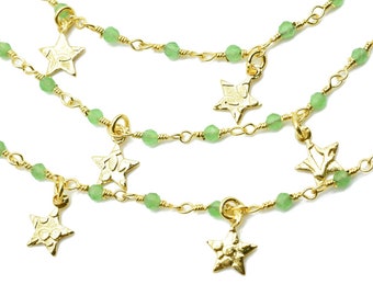 Corrente com pingente de estrela e contas de 2 mm crisoprase, corrente estilo rosário - corrente por pé, corrente enrolada em fio banhado a amarelo, suprimentos para fabricação de joias, joias