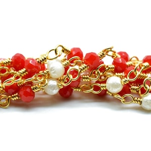 Ruby Chalcedony 3mm Beaded Chain,pearl Wire Wrapped Chain,Ruby Chalcedony Brass chain,Jewelry Making Chain,Beaded rosary chain,pearl chain