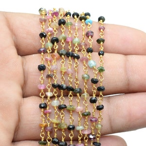 Multi Tourmaline Rosary Chain,Multi Tourmaline Wire Wrapped Rosary,3 to 3.5mm beaded chain,Natural Multi Tourmaline beaded Chain,gold chain