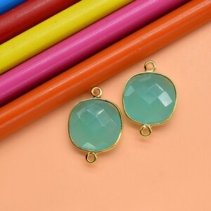 Aqua Chalcedony 14mm Cushion Bezel charm,Aqua Chalcedony Bezel Findings Cushion Charms,Cushion Shape Connectors,double Bail Loop Gold Plated