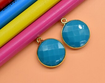 Natural Turquoise 12mm Round Single bail connectors,Turquoise Pendant,Faceted Turquoise bezel link,Gemstone Charm,Gemstone Pendant, charms