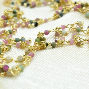 2 mm Natural Multi Tourmaline Faceted Gold Plated Cluster Rosary Chain,Wire Wrap Dangling Rosary,2 mm Beaded Chains,By Foot Finding Jewelry