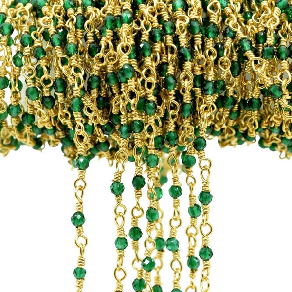 Green onyx 2mm Beaded Chain,Green onyx Rosary chain,Green onyx Gold Plated Wire Wrap Chain,Jewelry Making Chain,Rosary chain,Onyx bras chain