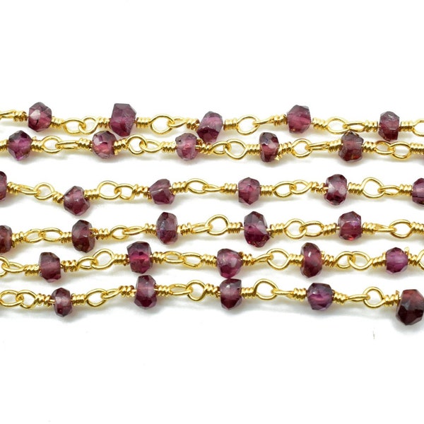 Garnet 3mm Rosary Style Beaded Chain,Garnet Faceted Beads Wire Wrapped Chain,Brass chains,Jewelry Making Chains,3mm Beads Chain.Garnet beads