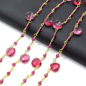 Pink Tourmaline 2mm Beaded & Heart shape Chain,Beaded Wire Wrapped Fuchsia Diamond Cut Gemstone Beads,Faceted Rosary Chain,Gems Rosary Style