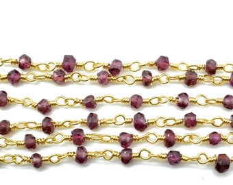 Garnet 3mm Rosary Style Beaded Chain,Garnet Faceted Beads Wire Wrapped Chain,Brass chains,Jewelry Making Chains,3mm Beads Chain.Garnet beads
