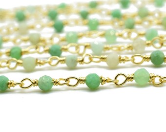 Corrente com contas de crisoprase de 3 mm, corrente de rosário de crisoprase, corrente de ouro enrolada em fio, corrente de rosário enrolada em fio de ouro crisoprase, corrente de rosário com contas