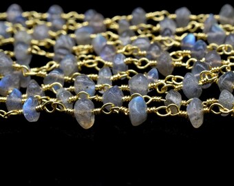 Coated Labradorite Beaded Chain, Blue Fire Labradorite Rosary Chains, Gold Plating Wire Wrap Chain, Brass chain,Jewelry Making Chain,Rosary