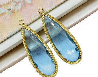 Sky Topaz Faceted Gemstone 10x30mm Pear Shape Bezels,Sky Topaz Gold Plating Pendant,Gemstone Faceted Light Bezels Jewelry,Sky Topaz charms