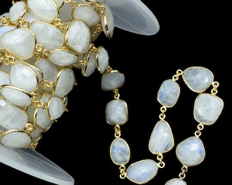 Lien de connecteur de pierre de lune arc-en-ciel-chaîne de lunette en or, connecteur de pierres précieuses à facettes de taille libre, chaîne de lien de lunette faite à la main, bijoux en pierre de lune arc-en-ciel