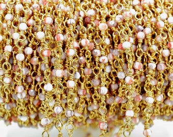 pink Opal Rosary chain,Pink Opal beaded chain,Gemstone beaded chain,2mm beaded chain,Gold plated beaded chain,Opal rosary, beaded chain roll