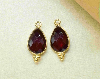 Garnet Gemstone 10x14mm Pear shape charm,Garnet Gold Plated Single Bail Pendant,Garnet Gemstone Faceted jewelry,Garnet Connector Pendant