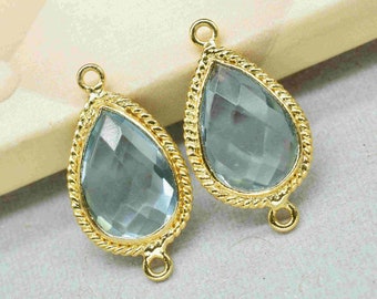 Sky Topaz 9x13mm Pear Shape Double Bail Connectors,Sky Topaz Pear Shape Charms,Sky Topaz Gold Plated Bezels,Jewelry Making Charms,Sky Topaz