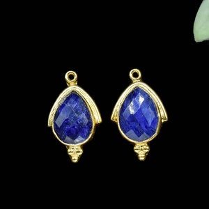 Blue Sapphire Faceted 9x13mm Peear Shape Connectors Pendant Jewelry,Gemstone Gold Plating Charms Pendant,Sapphire Checker Cut Bezels Jewelry