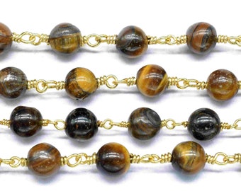 Tigerauge Edelstein Perlen Rosenkranz,Tigerauge Vergoldung 6mm Draht gewickelt Glatte Perlen Kette,Edelstein Handwerk Lieferung Rosenkranz,Handgemachte PerlenKette