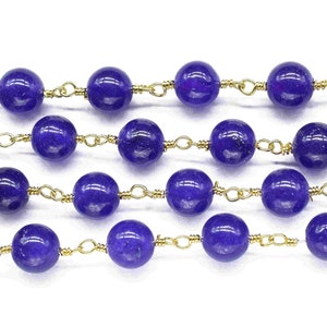 Dark Blue jade Bead Rosary Chain Jewelry,Blue jade Smooth Gemstone 6mm Smooth Bead Chain,Dark Blue jade Wire Wrapped Gold Plating Bead Chain