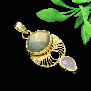 Multi Gemstone Pendant,Labradorite Gemstone Jewelry,Rose Quartz Pendant Jewelry,Double Gemstone Pendant,Gemstone Pendant Jewelry Making,Gift