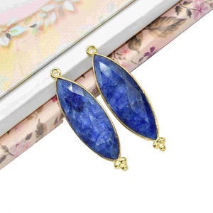 Blue Sapphire 10x30mm Marquise shape charm,Sapphire Faceted Briolette Connector,Sapphire Brass Gold Plated bezel,Sapphire Bezel Pendant,gift