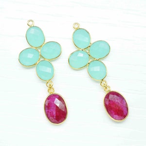 Multi Stone Dangle Earring,Gemstone Bezel Earring,Aqua Quartz Dangle Earrings,Ruby Drop Earring Handmade Jewelry,Statement Earring Jewelry