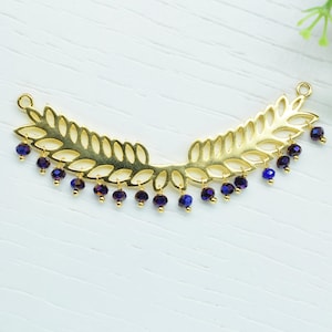 Blue Sapphire Double bail charms,Gemstone Leaf Pendant Necklace,Wedding Hair Vine Connector,bead Bar Leaf Charm,Component Handmade jewelry