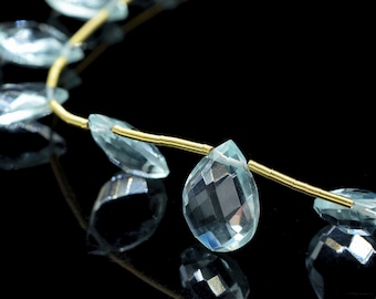 Natural Aquamarine Faceted Teardrop Shape Briolettes, 9x13 MM Aquamarine Gemstone Beads, Blue Transparent Aquamarine Teardrop Beads Strand