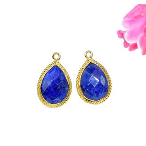 Blue Sapphire Faceted 10x14mm Pear Shape Charm,Sapphire Gold Plated Charms Pendant,Blue Sapphire Connectors,Sapphire Single Bail Connector