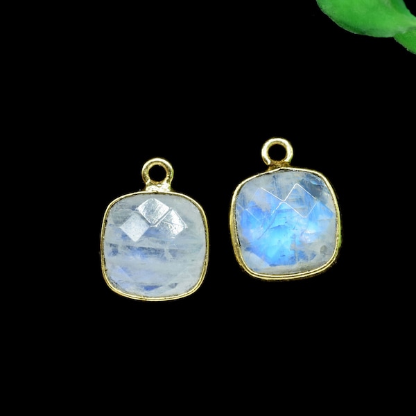 Moonstone 10mm Cushion Bezel charm,Single Bail Over Brass Gold Edge Jewelry, Elegant Moonstone Gemstone Components Cushion Shape Connectors