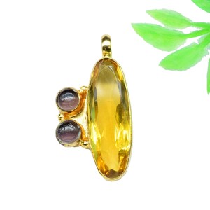 Mixed Gemstone Pendant,Gemstone Citrine Handmade Pendant,Gemstone faceted Long Pendant,Brass Pendant Jewelry,Statement Loop Pendant Jewelry