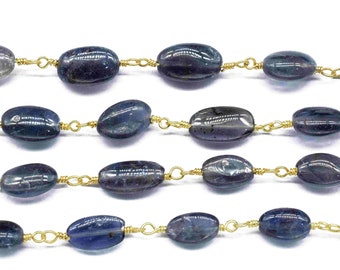 Iolite Gemstone Beaded Chain,Iolite Smooth Beads Link Rosary Chain,Iolite Gold Plated Wire Wrapped Beads Chain Jewelry,Blue Iolite Beads
