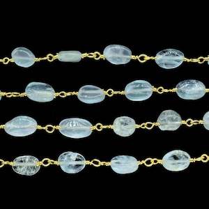 Aquamarin Glatte Perlen Kette,Aquamarin Oval Form Glatte Draht Wickelperlen Gliederkette,Aquamarin Edelstein Vergoldung Perlen Kette,Geschenk