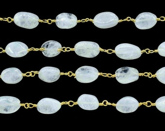 Piedra lunar Suave Cadena de eslabones ovalados de cuentas, Cadena de rosario de oro de piedra lunar arco iris, Cadenas de piedras preciosas de arco iris por el pie para joyas de collar de rosario