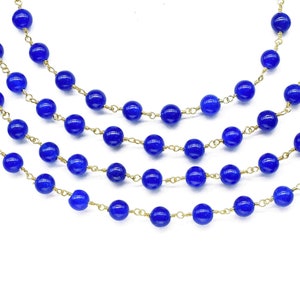 Blue jade Smooth Gemstone 6mm Smooth Bead Chain,Blue jade Wire Wrapped Gold Plating Beads Chain,Blue jade Beaded Rosary Chain Jewelry,gift