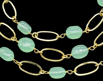 Beautiful prehnite Connector Rosary Chain,18k Gold Plated Bezel Connector Chain by Feet, Chalcedony Wire Wrap Link,gemstone Connectors Chain
