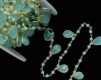 Aqua Chalcedony 8x12mmCadena de bisel en forma de gota de brazo, Cadena de cuentas facetadas de calcedonia, Eslabón de bisel hecho a mano, Joyería Aqua, Cadenas de fabricación de joyas de cuentas