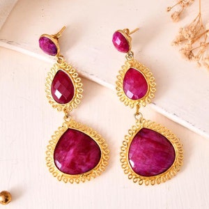 Natürlicher Rubin Ohrring/Vergoldeter Ohrring/Braut Ohrring/Handgefertigter Schmuck/Rubin Hochzeit Ohrring/Vergoldeter Schmuck/Geburtstagsgeschenk