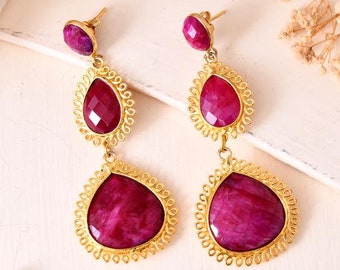 Natural Ruby Dangle Earring/Gold Plated Earring/Bridal Earring/Handmade Jewelry/Ruby Wedding Earring/Gold Plated Jewelry/Birtday Gift