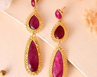Natural Ruby Dangle Earring/Gold Plated Earring/Bridal Earring/Handmade Jewelry/Ruby Wedding Earring/Gold Plated Jewelry/Gift