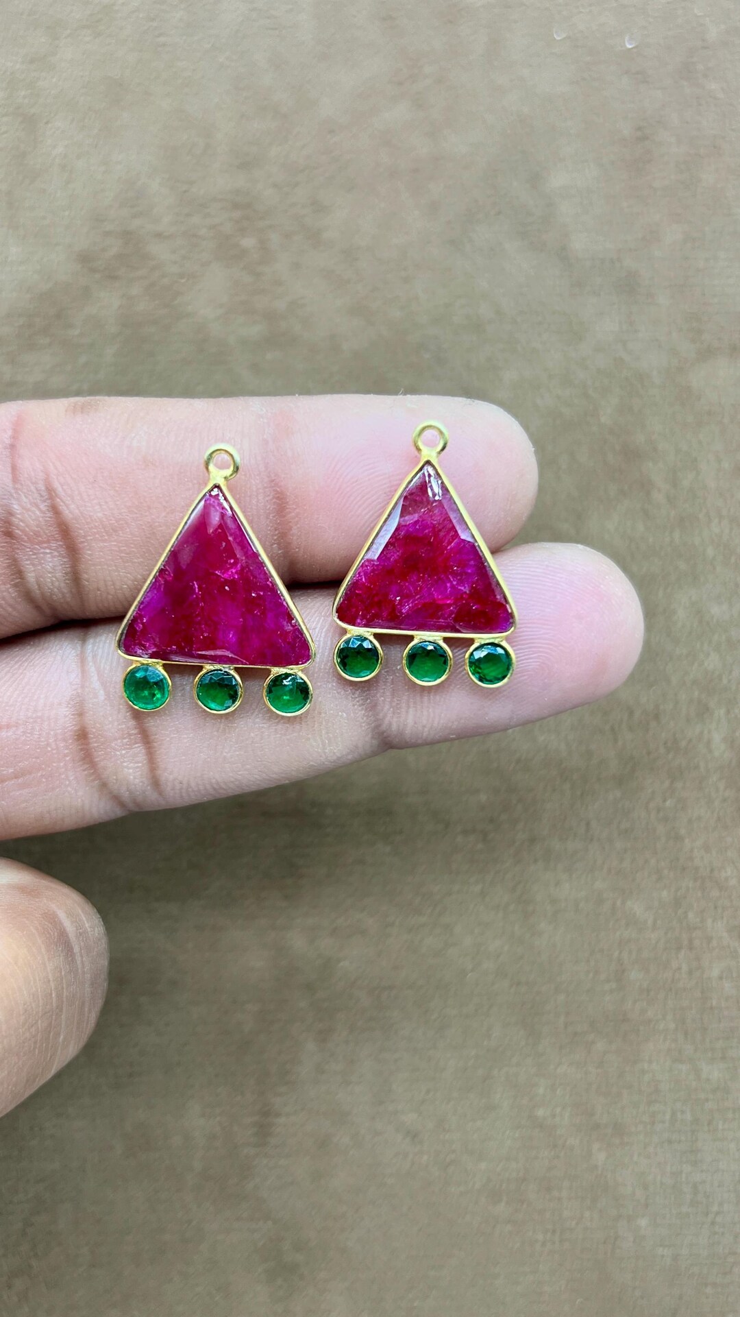 Fiery Natural Ruby Triangle Connectors With Green Zircon/red Gemstone ...