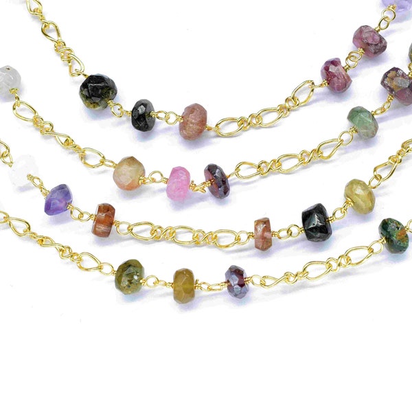 Multi Tourmaline Rosary Chain, Multi Tourmaline Wire Wrapped Rosary, Beaded Chain, Natural Multi Tourmaline Beaded Chain, Gold Chain, Chains