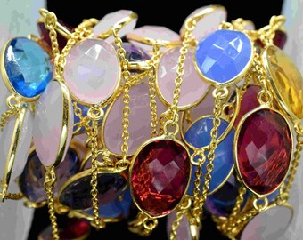 Multi Stone Gold Plated Gemstone Bezel Connector Chain,Gemstone Bezel Chain,Connector Link Chain,Multi Stone Bezels Jewelry,Oval Shape Chain