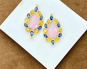Radiant Rose Quartz Connectors | Gold Plated Gemstone Charms | Handmade Earring Links | Zircon Jewelry Supplies | Women Accessories
