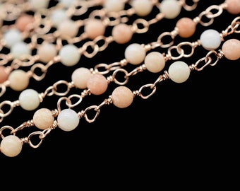 Pink Opal Rosary Chain,Pink Opal Beaded Chain,Gemstone Beaded Chain,2mm Beaded Chain,Rose Gold Plated Beaded Chain,Opal Rosary, Beaded Chain