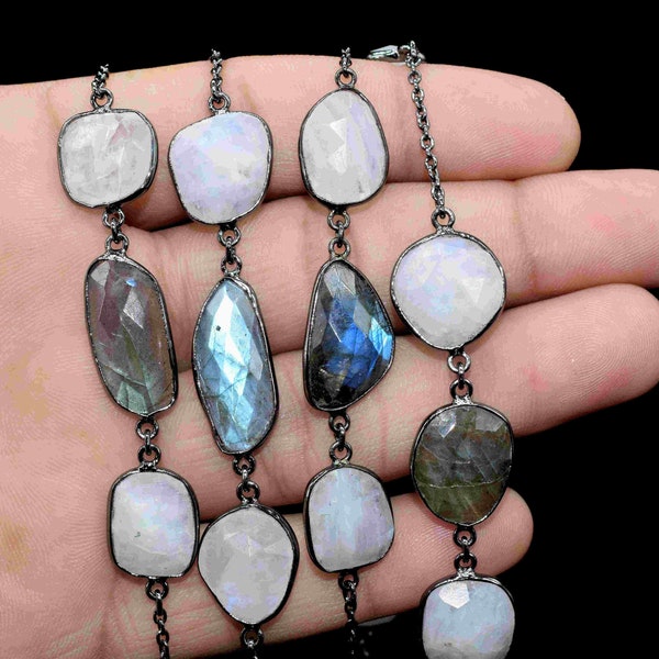 Rainbow Moonstone Mixed Shape Faceted Bezel Chain,Labradorite Handmade Bezel Link Chain,Gemstone Bezel Connector Rosary,Black Rhodium Bezel,