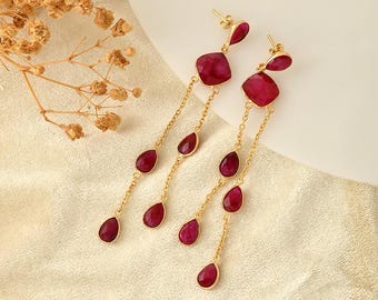 Natural Ruby Earring/Gold Plated Earring/Ruby Dangle Earring/Bridal Earring/Handmade Jewelry/Bridesmaid Gifts,B'Gifts